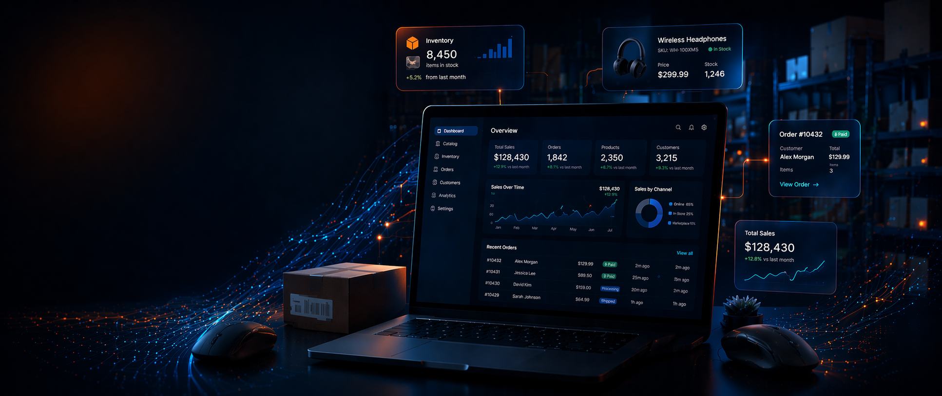 E-commerce analytics workspace with glowing dashboard data